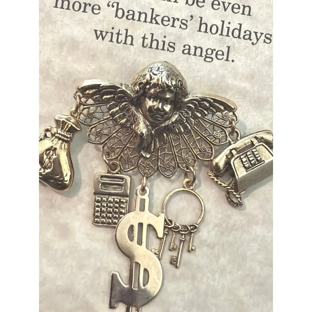 Gold Tone Bankers Angel Brooch with charms